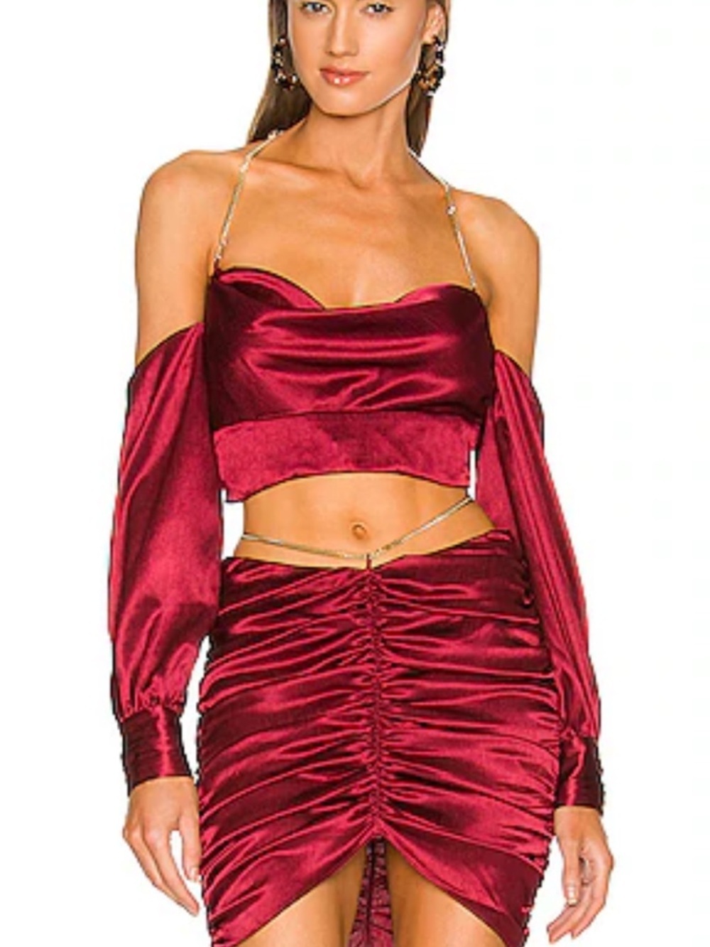 Michael Costello x REVOLVE Sybil Crop Top Deep Red Satin chain Draped M
